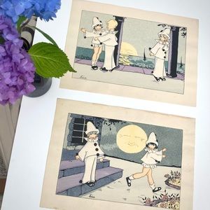 Vintage French Art Deco Pochoir original pen and ink baby Kewpie clown prints